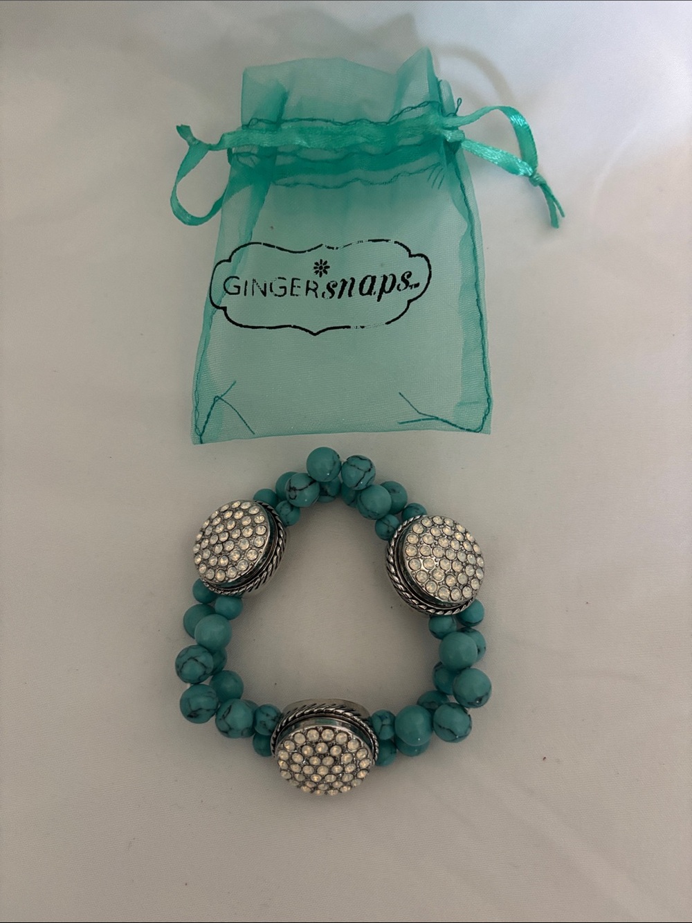 Ginger Snaps Turquoise Beaded Stretch Bracelet with Crystal Snap Charms